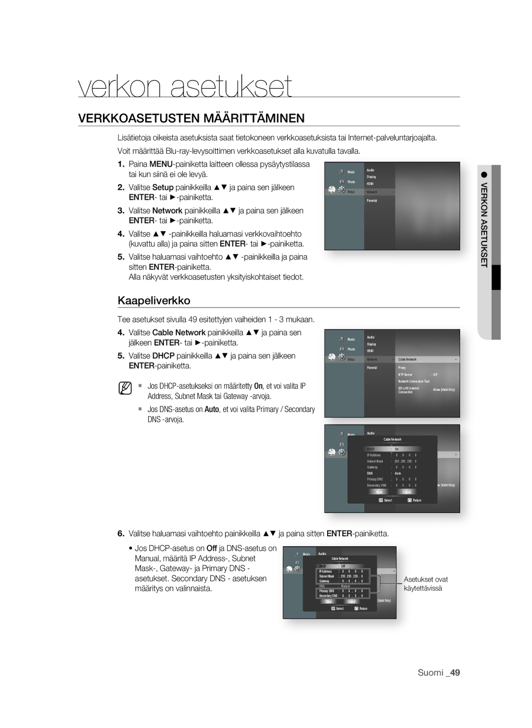 Samsung BD-P1580/XEE manual Verkon asetukset, VErKKoasEtustEN MÄÄrittÄMiNEN, Kaapeliverkko 