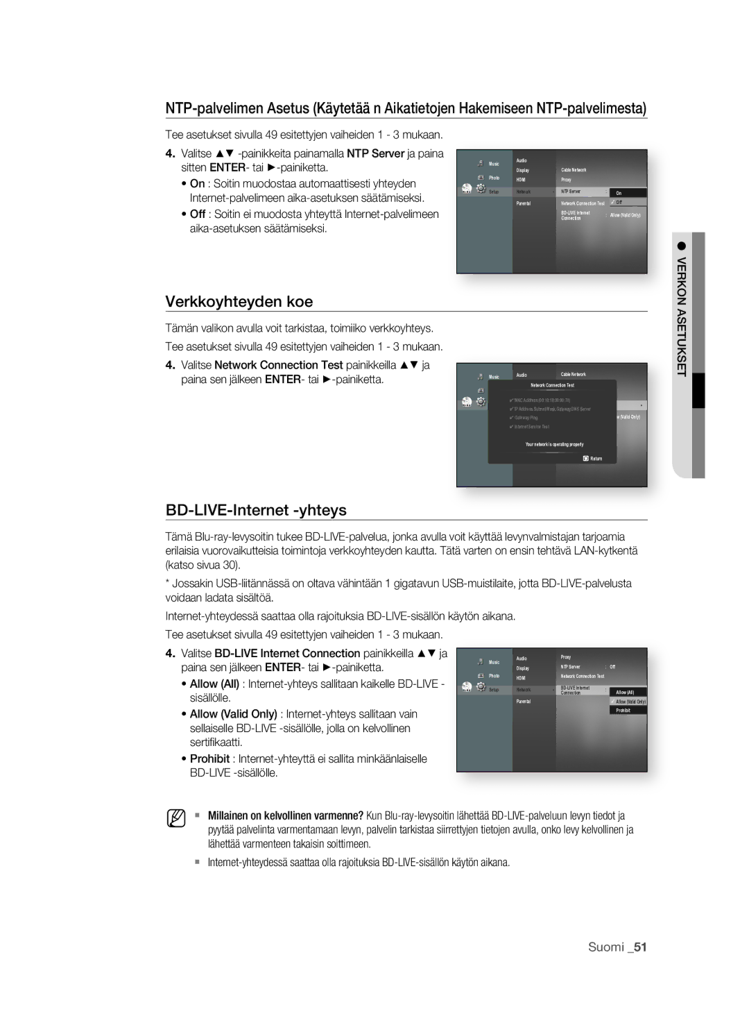 Samsung BD-P1580/XEE manual Verkkoyhteyden koe, Bd-LiVE-internet -yhteys 