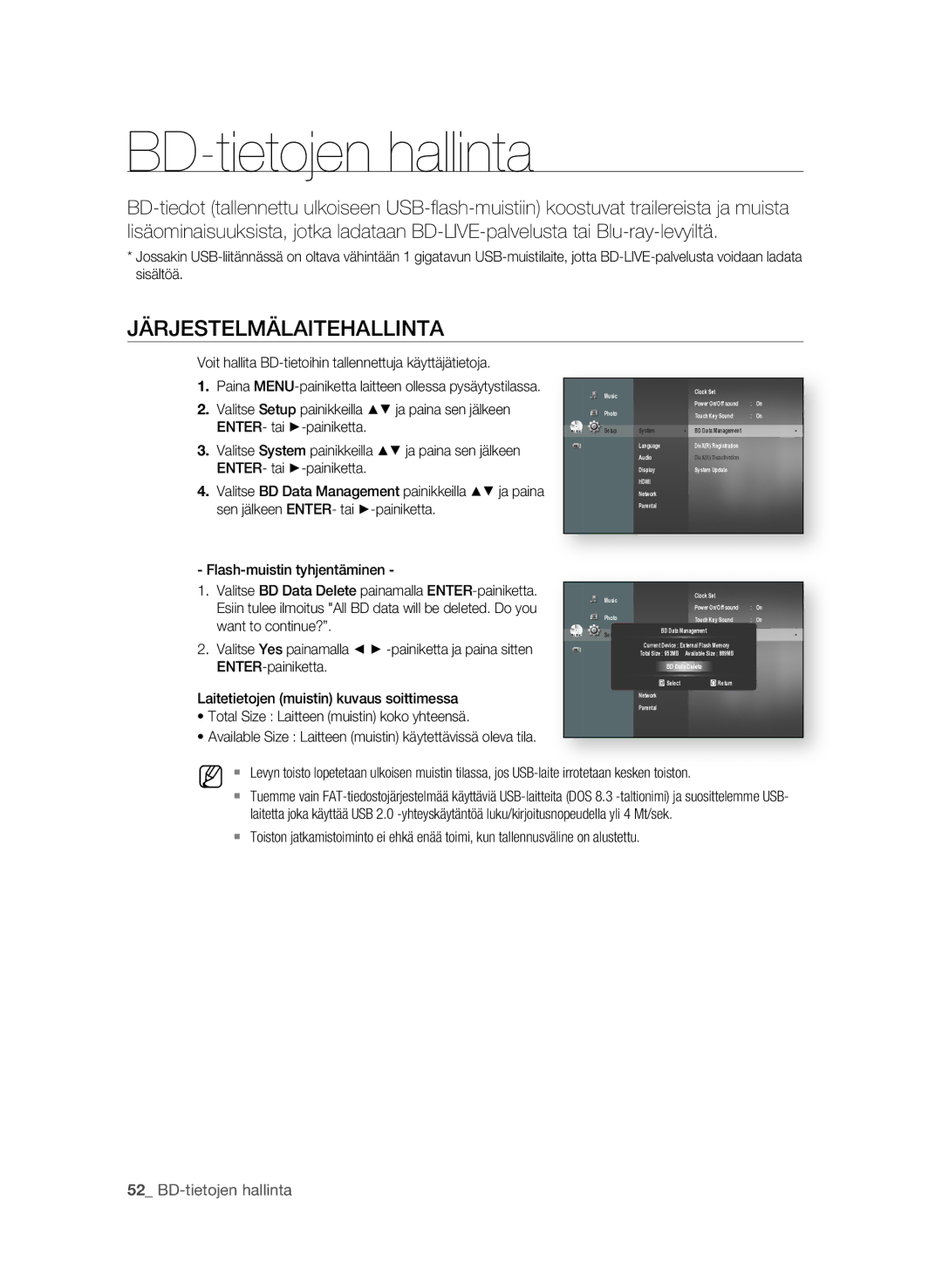 Samsung BD-P1580/XEE manual BD-tietojen hallinta, JÄrjEstELMÄLaitEHaLLiNta 