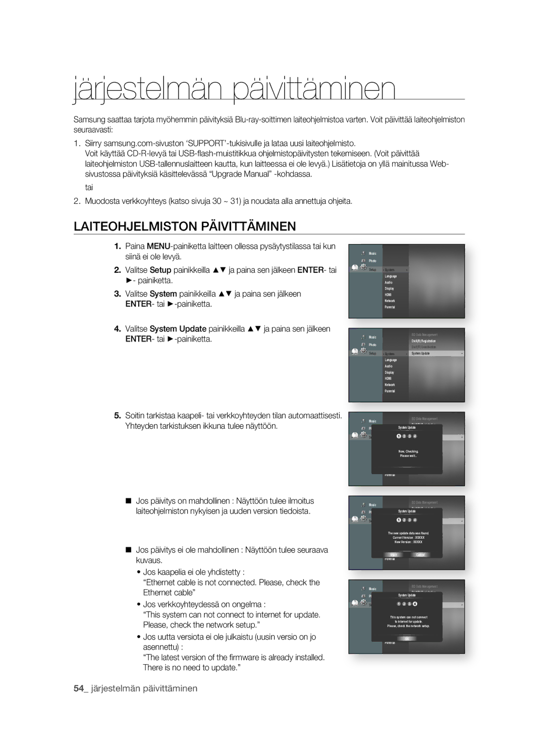 Samsung BD-P1580/XEE manual Järjestelmän päivittäminen, LaitEoHjELMistoN PÄiVittÄMiNEN 