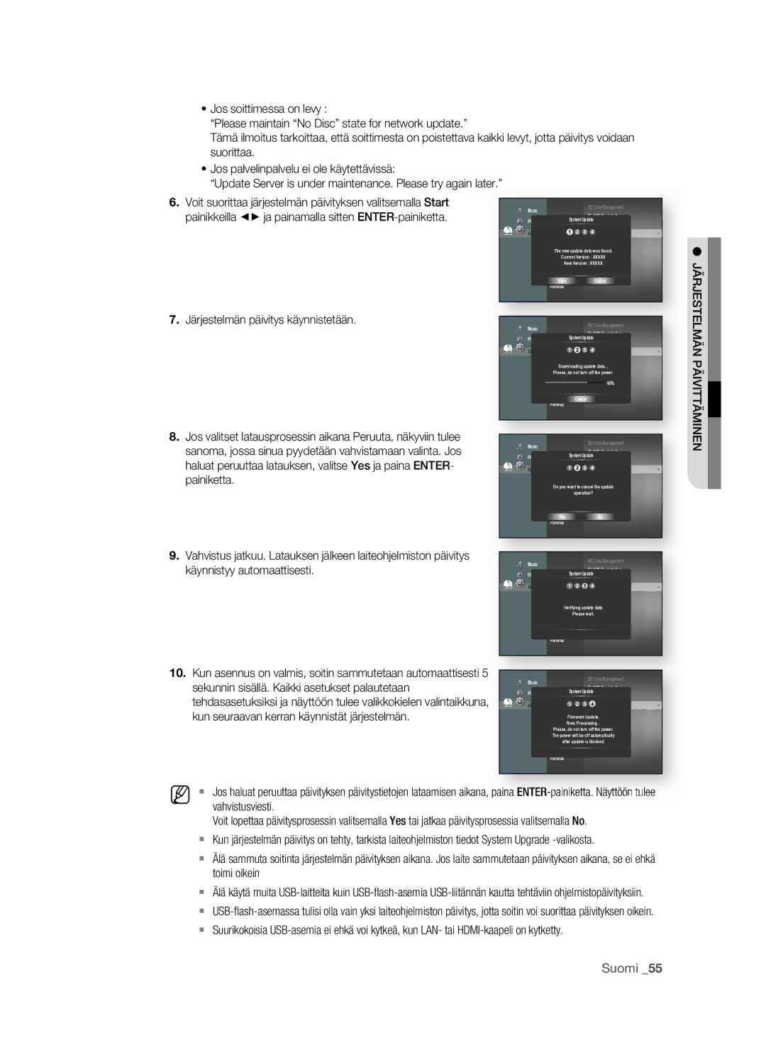 Samsung BD-P1580/XEE manual . Järjestelmän päivitys käynnistetään, Kun seuraavan kerran käynnistät järjestelmän 