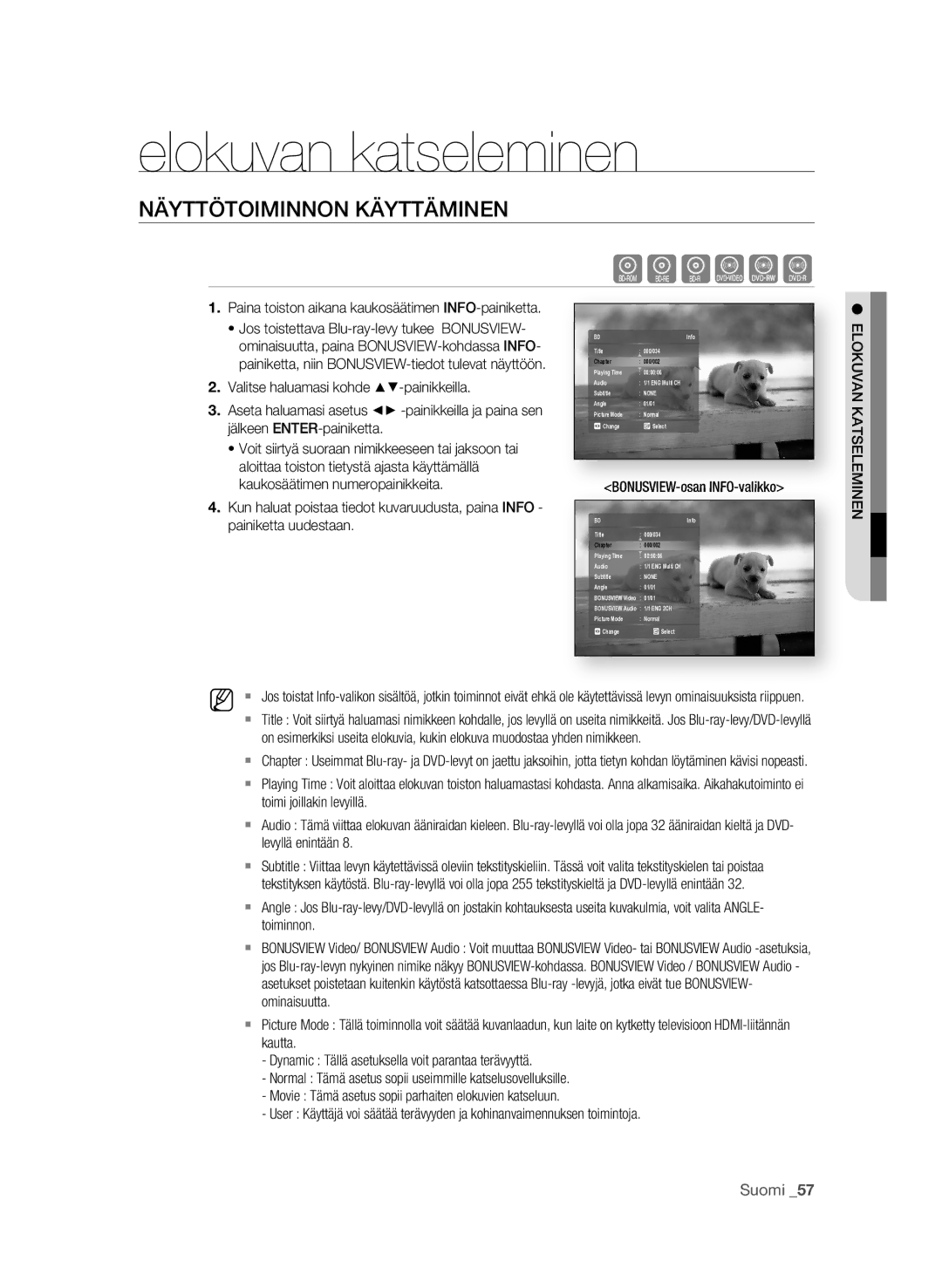 Samsung BD-P1580/XEE manual Elokuvan katseleminen, NÄyttÖtoiMiNNoN KÄyttÄMiNEN 