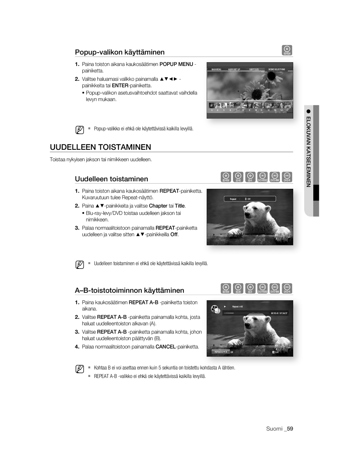 Samsung BD-P1580/XEE UudELLEEN toistaMiNEN, Popup-valikon käyttäminen, Uudelleen toistaminen, Toistotoiminnon käyttäminen 