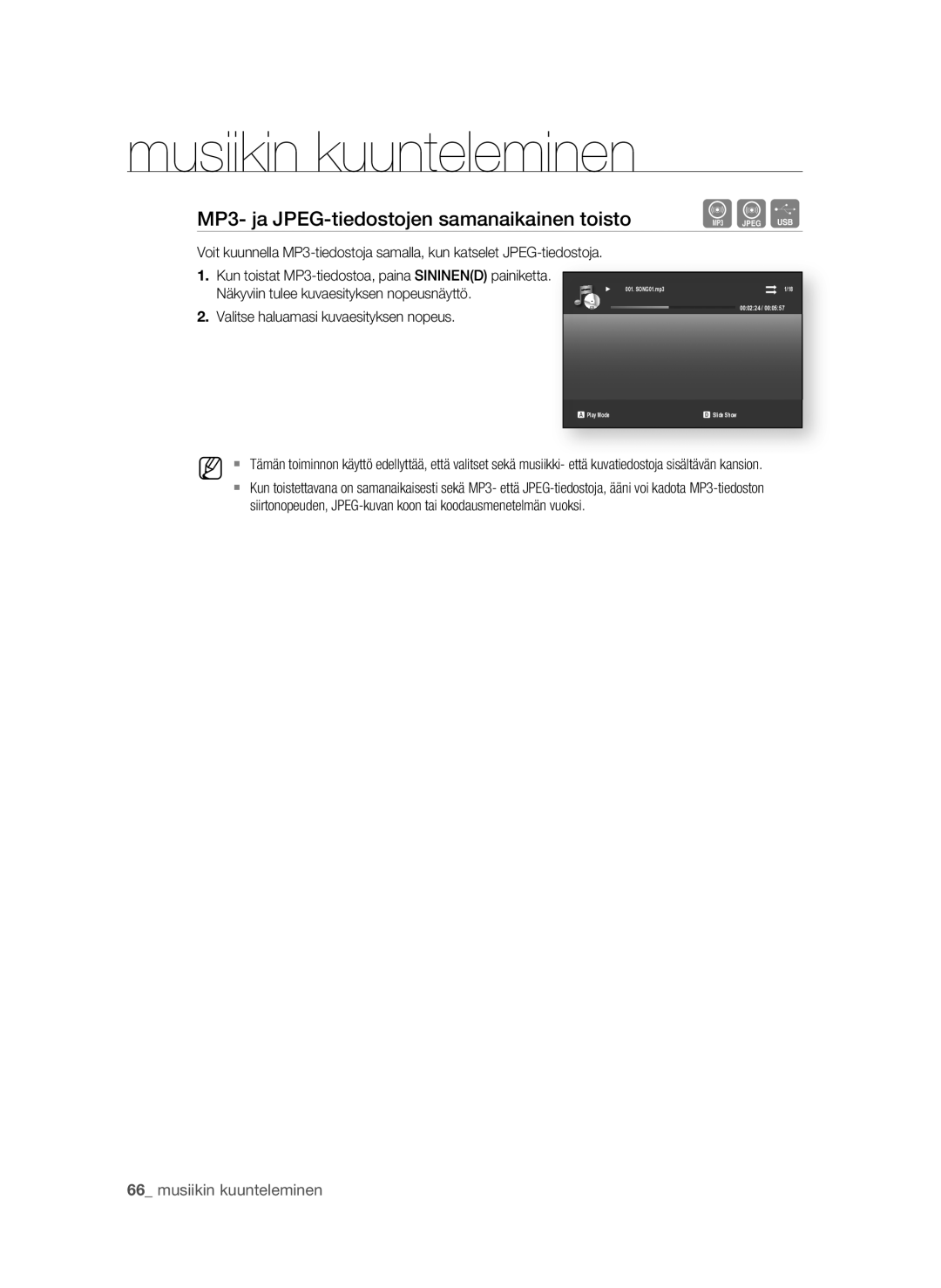 Samsung BD-P1580/XEE manual MP3- ja jPEg-tiedostojen samanaikainen toisto, Valitse haluamasi kuvaesityksen nopeus 