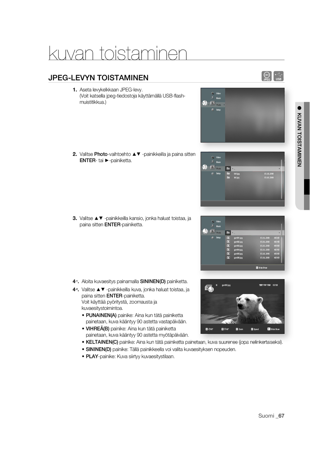 Samsung BD-P1580/XEE manual Kuvan toistaminen, JPEg-LEVyN toistaMiNEN 