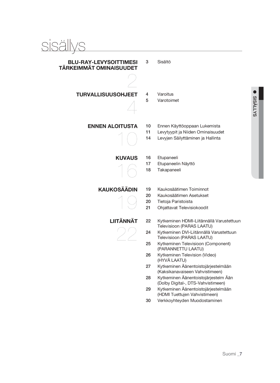 Samsung BD-P1580/XEE manual Sisällys, Varotoimet Ys ällsis, Verkkoyhteyden Muodostaminen 