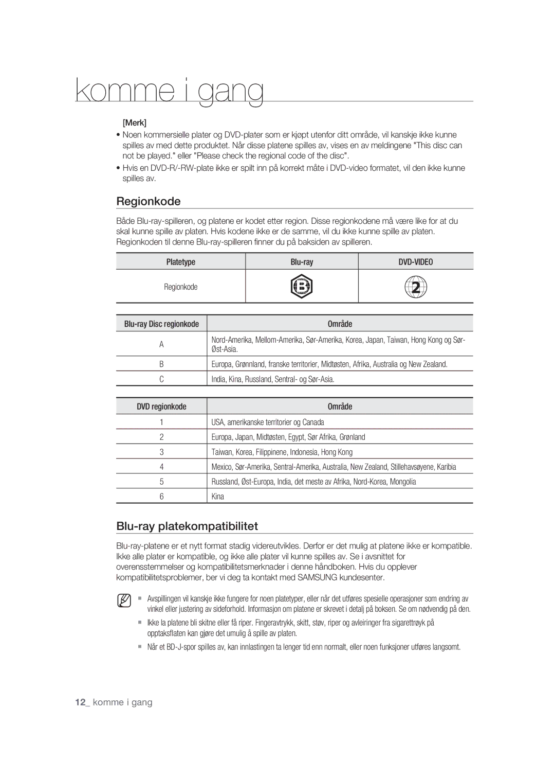 Samsung BD-P1580/XEE manual Regionkode, Blu-ray platekompatibilitet 