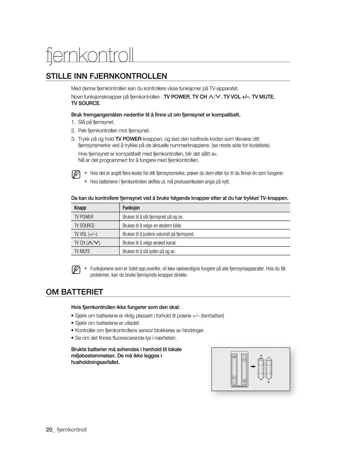 Samsung BD-P1580/XEE manual Stille INN FjERNKONTROLLEN, OM Batteriet, TV Source, TV Power, TV Mute 