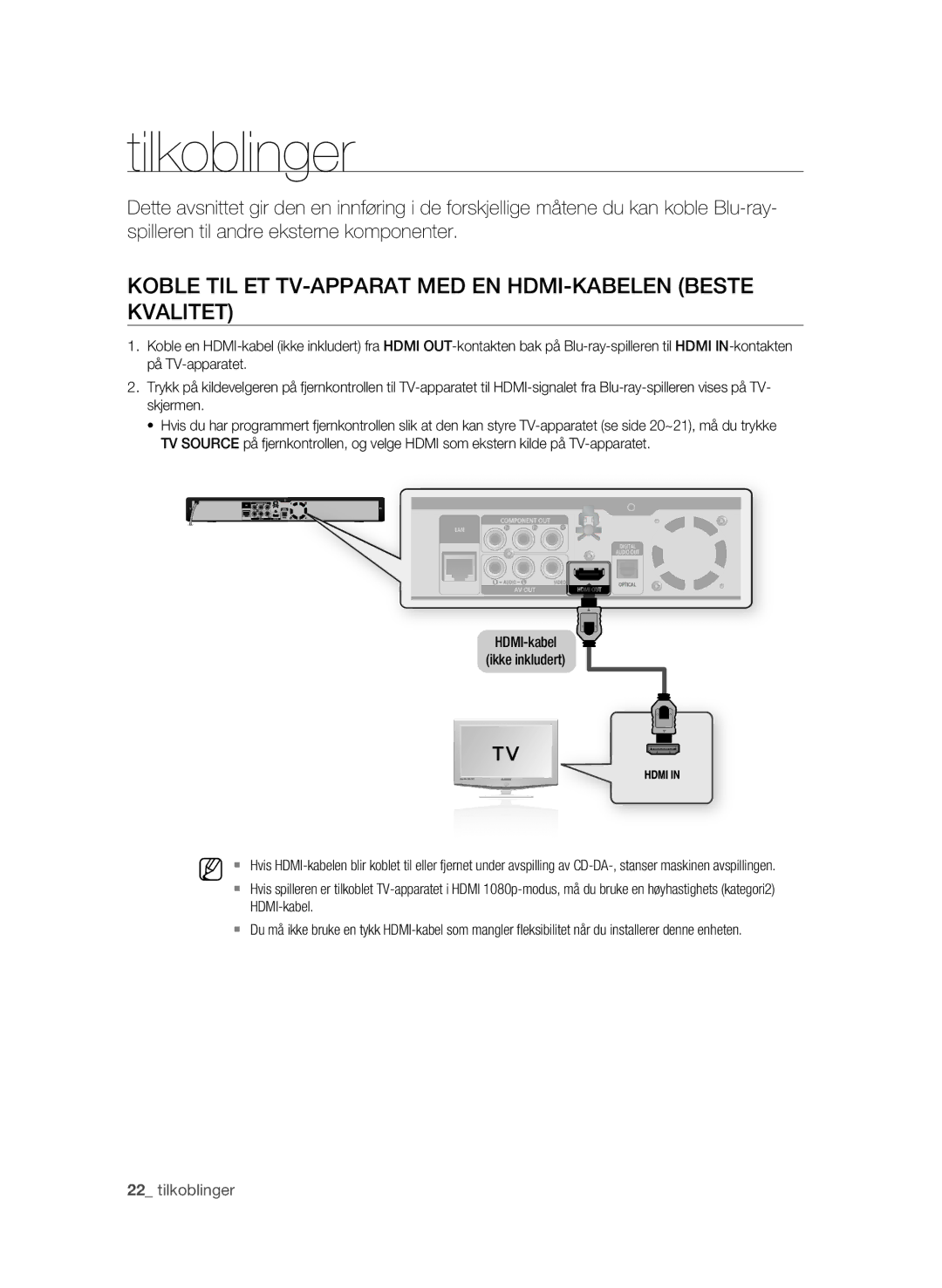 Samsung BD-P1580/XEE manual Tilkoblinger, Koble TIL ET TV-APPARAT MED EN HDMI-KABELEN Beste Kvalitet 