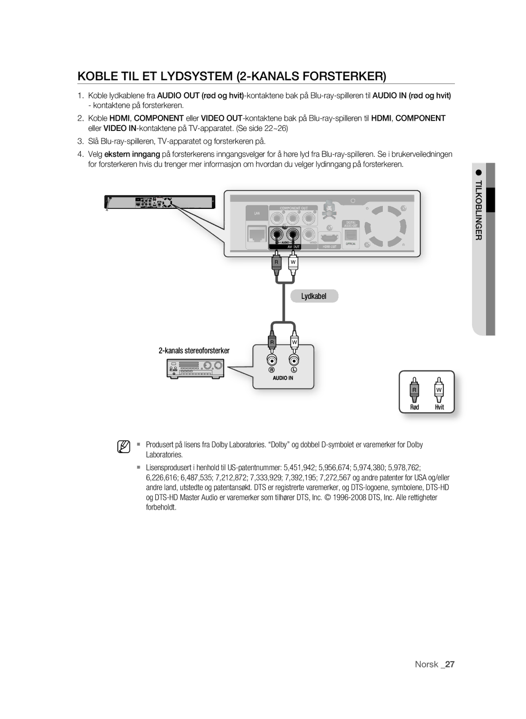 Samsung BD-P1580/XEE manual Koble TIL ET Lydsystem 2-KANALS Forsterker, Lydkabel Kanals stereoforsterker, Laboratories 