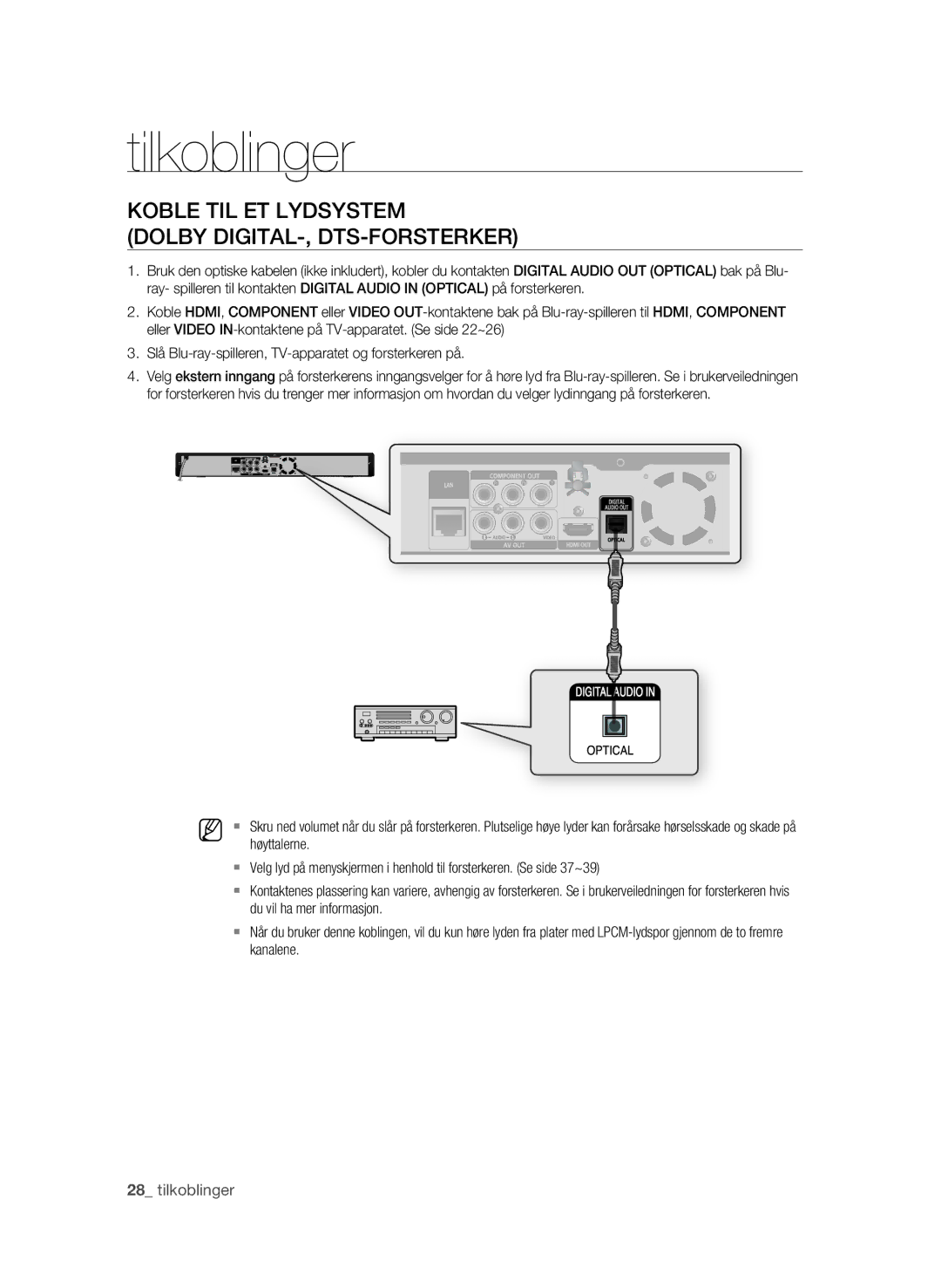 Samsung BD-P1580/XEE manual Koble TIL ET Lydsystem Dolby DIGITAL-, DTS-FORSTERKER, Høyttalerne, Du vil ha mer informasjon 