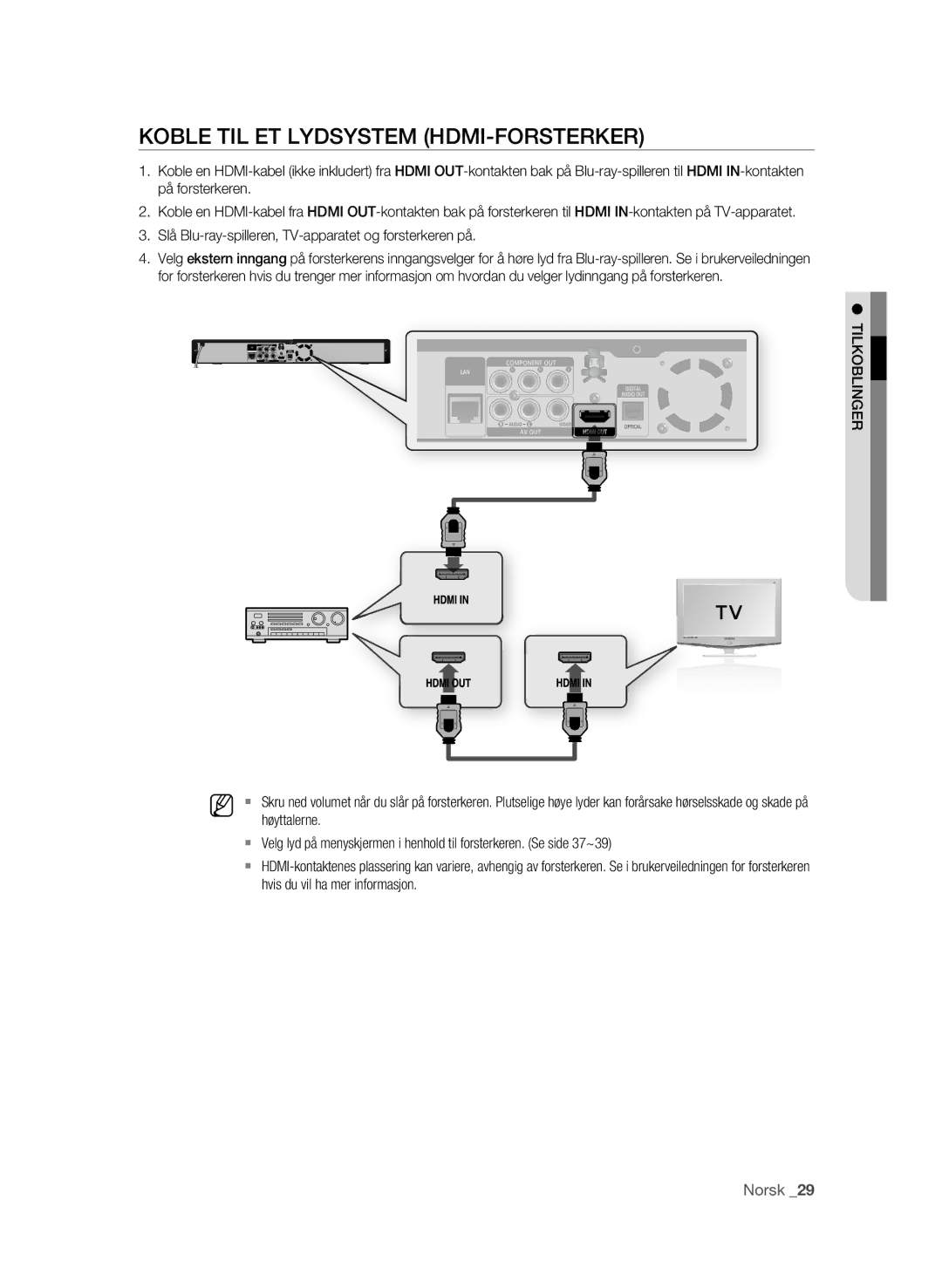 Samsung BD-P1580/XEE manual Koble TIL ET Lydsystem HDMI-FORSTERKER, Hvis du vil ha mer informasjon 