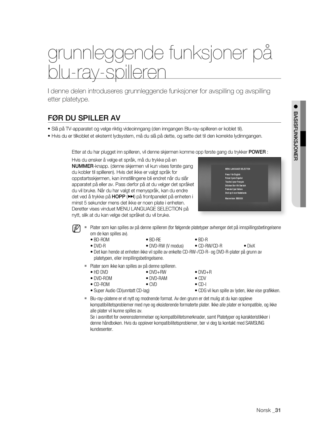 Samsung BD-P1580/XEE manual Grunnleggende funksjoner på blu-ray-spilleren, FØR DU Spiller AV, Bd-Rom Bd-Re, Cd-Rw/Cd-R 