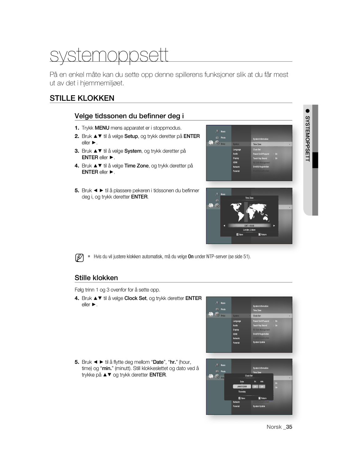 Samsung BD-P1580/XEE manual Systemoppsett, Stille Klokken, Velge tidssonen du befi nner deg, Stille klokken 