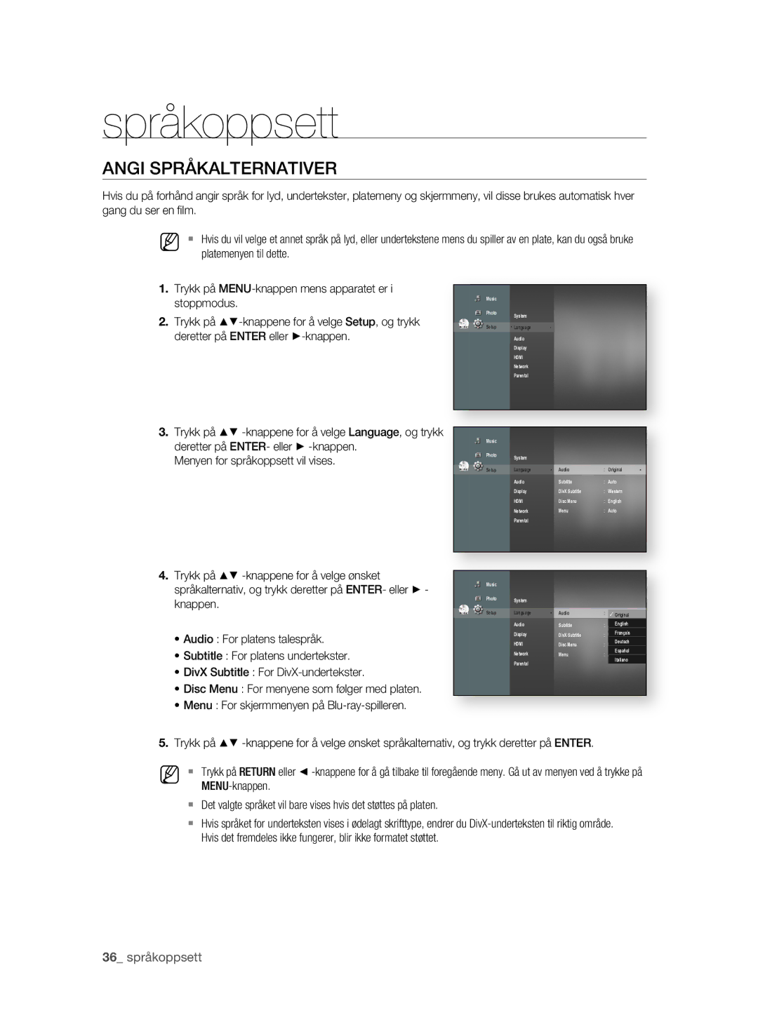 Samsung BD-P1580/XEE manual Språkoppsett, Angi Språkalternativer 