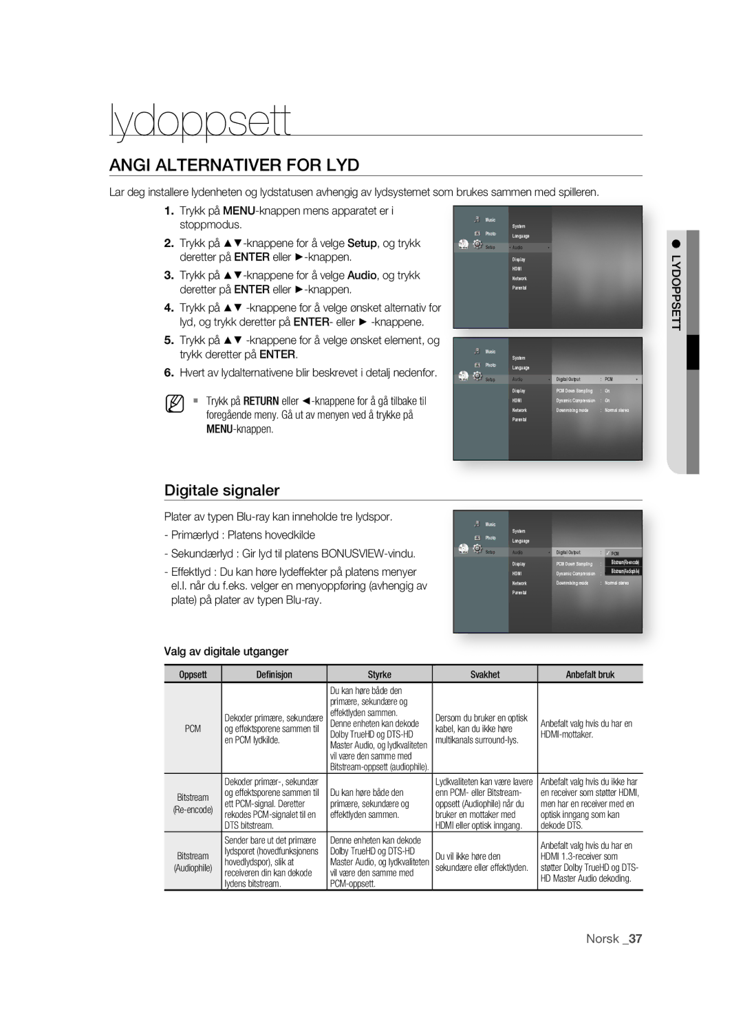 Samsung BD-P1580/XEE manual Lydoppsett, Angi Alternativer for LYD, Digitale signaler, Valg av digitale utganger 