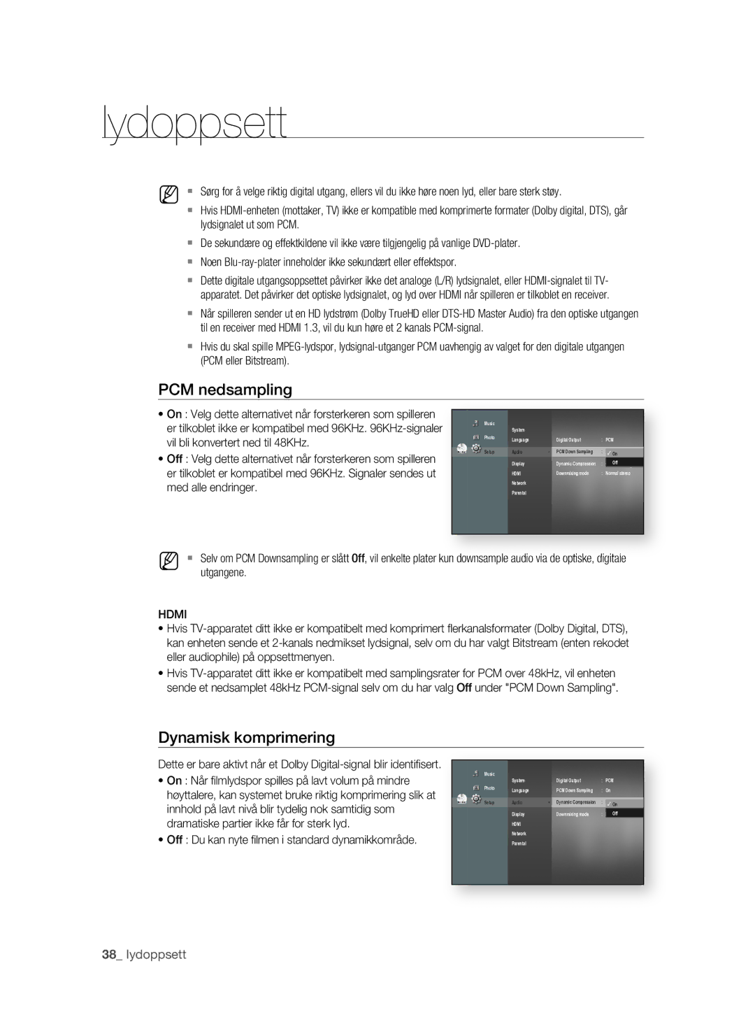 Samsung BD-P1580/XEE manual PCM nedsampling, Dynamisk komprimering 