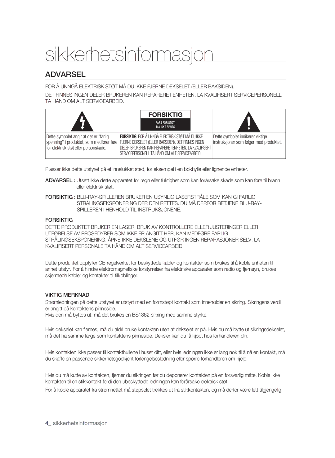 Samsung BD-P1580/XEE manual Sikkerhetsinformasjon, Forsiktig, Viktig Merknad 