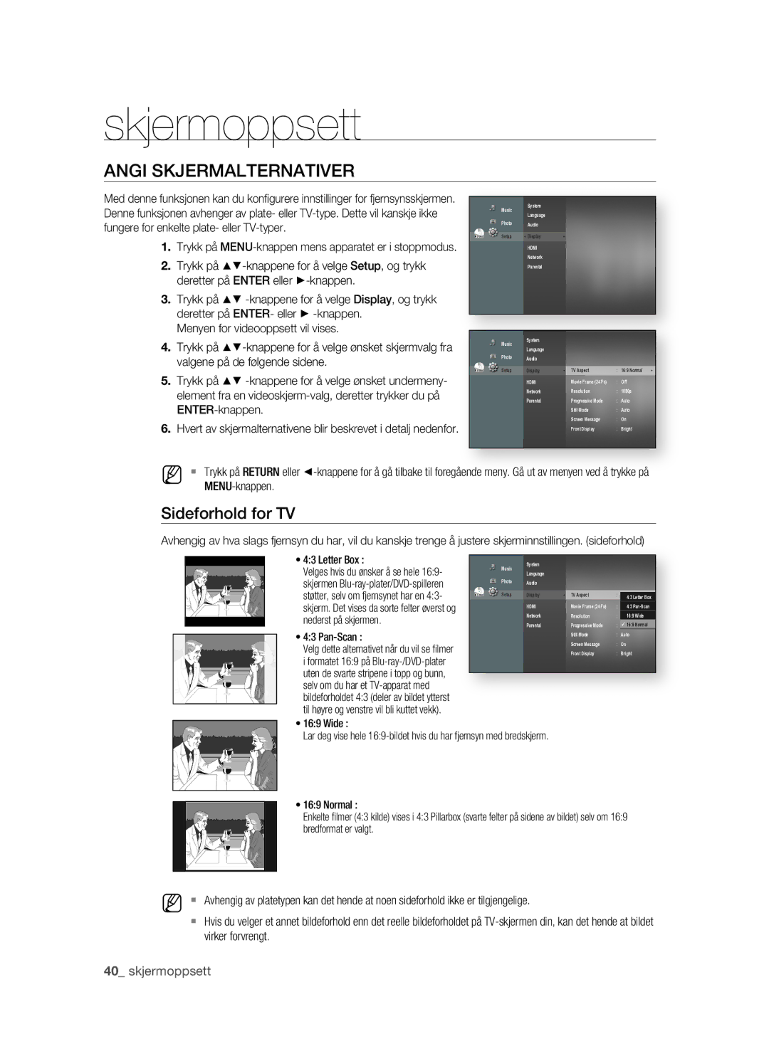 Samsung BD-P1580/XEE manual Skjermoppsett, Angi SKjERMALTERNATIVER, Sideforhold for TV 