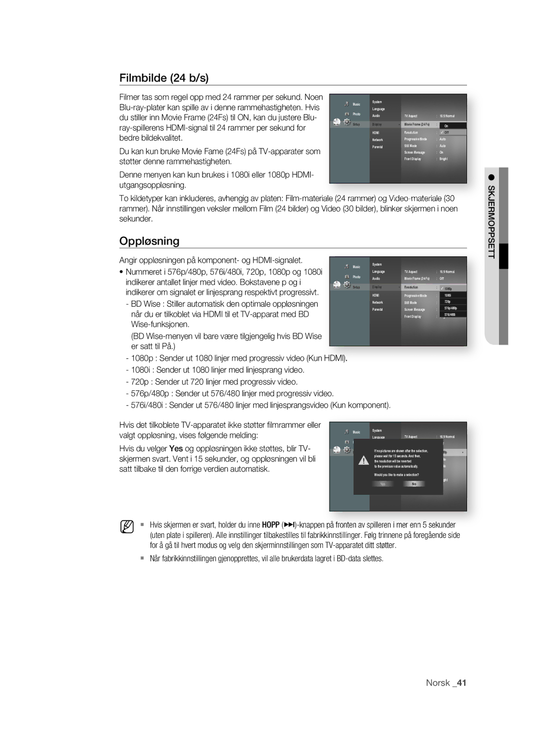 Samsung BD-P1580/XEE manual Filmbilde 24 b/s, Oppløsning 