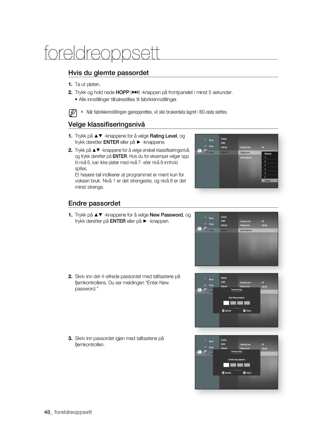 Samsung BD-P1580/XEE manual Hvis du glemte passordet, Velge klassifi seringsnivå, Endre passordet 