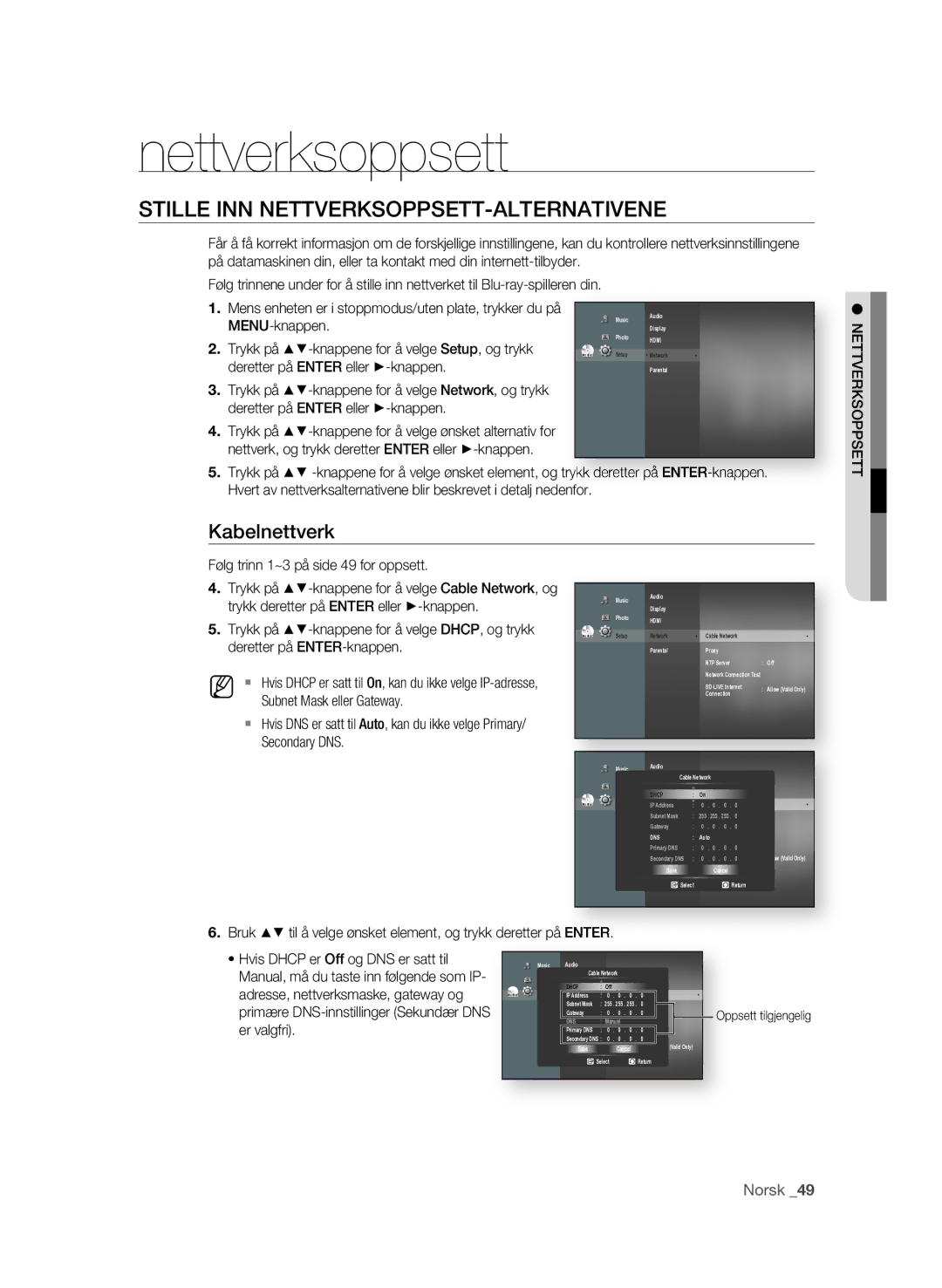 Samsung BD-P1580/XEE manual Nettverksoppsett, Stille INN NETTVERKSOPPSETT-ALTERNATIVENE, Kabelnettverk 