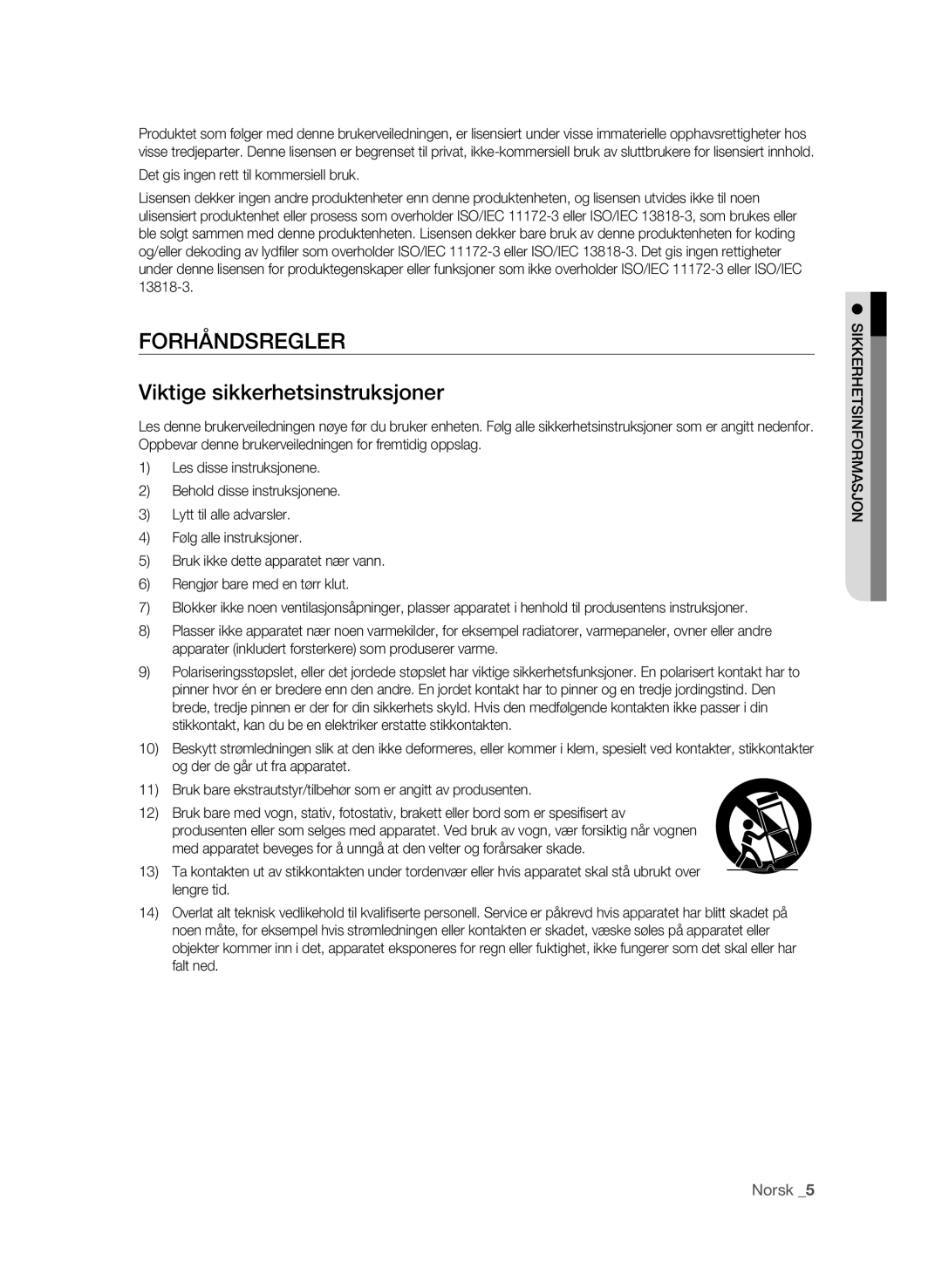 Samsung BD-P1580/XEE manual Forhåndsregler, Viktige sikkerhetsinstruksjoner 