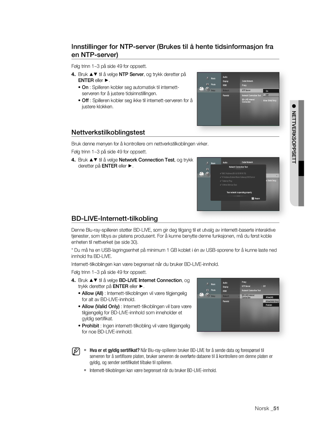 Samsung BD-P1580/XEE manual Nettverkstilkoblingstest, BD-LIVE-Internett-tilkobling 