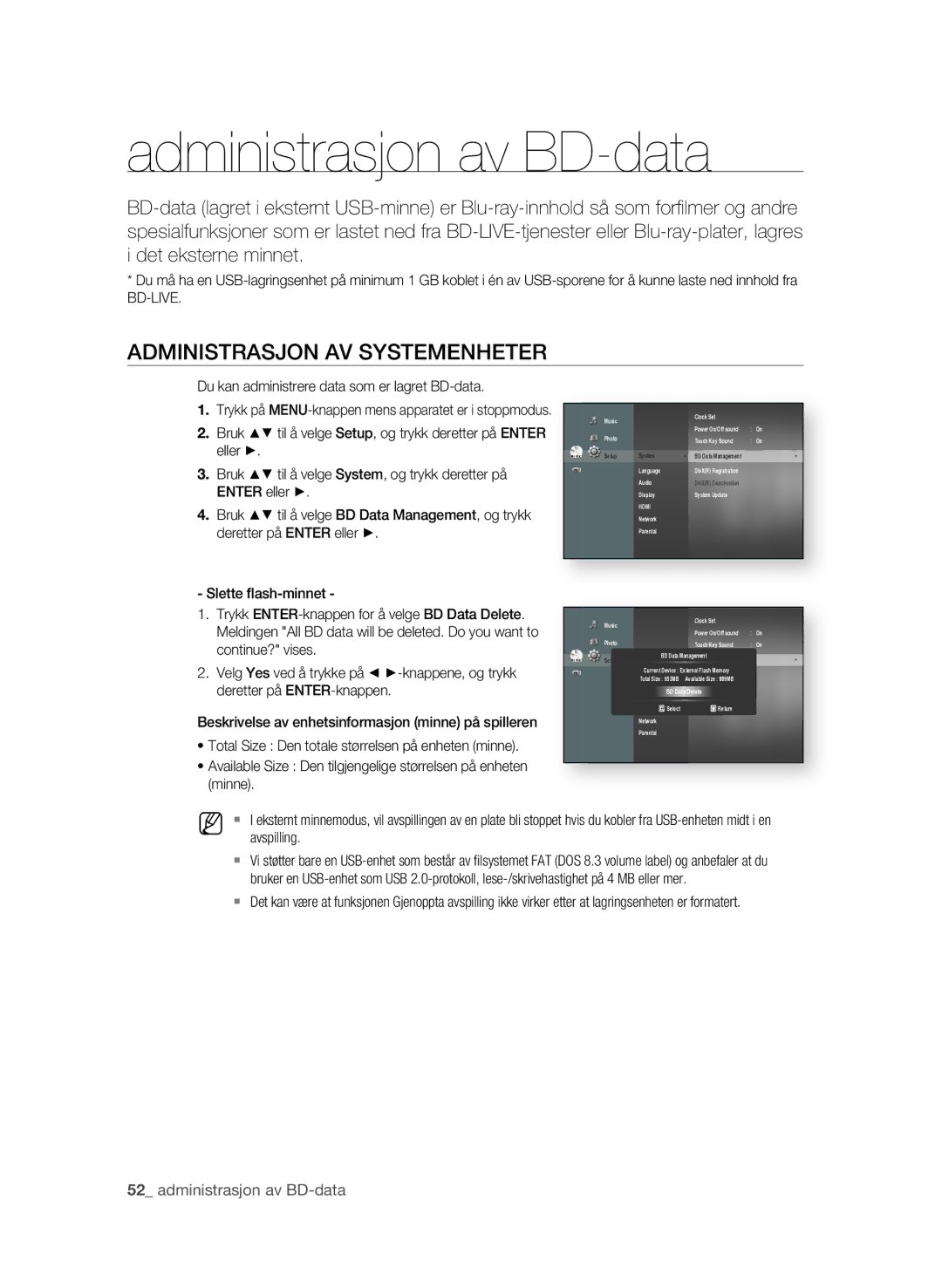 Samsung BD-P1580/XEE manual Administrasjon av BD-data, ADMINISTRASjON AV SYSTEMENhETER 