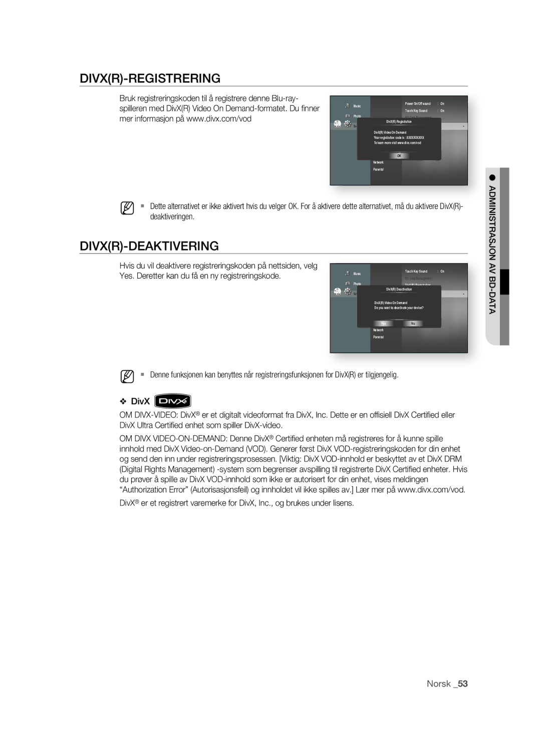 Samsung BD-P1580/XEE manual Divxr-Registrering, Deaktiveringen, Yes. Deretter kan du få en ny registreringskode 