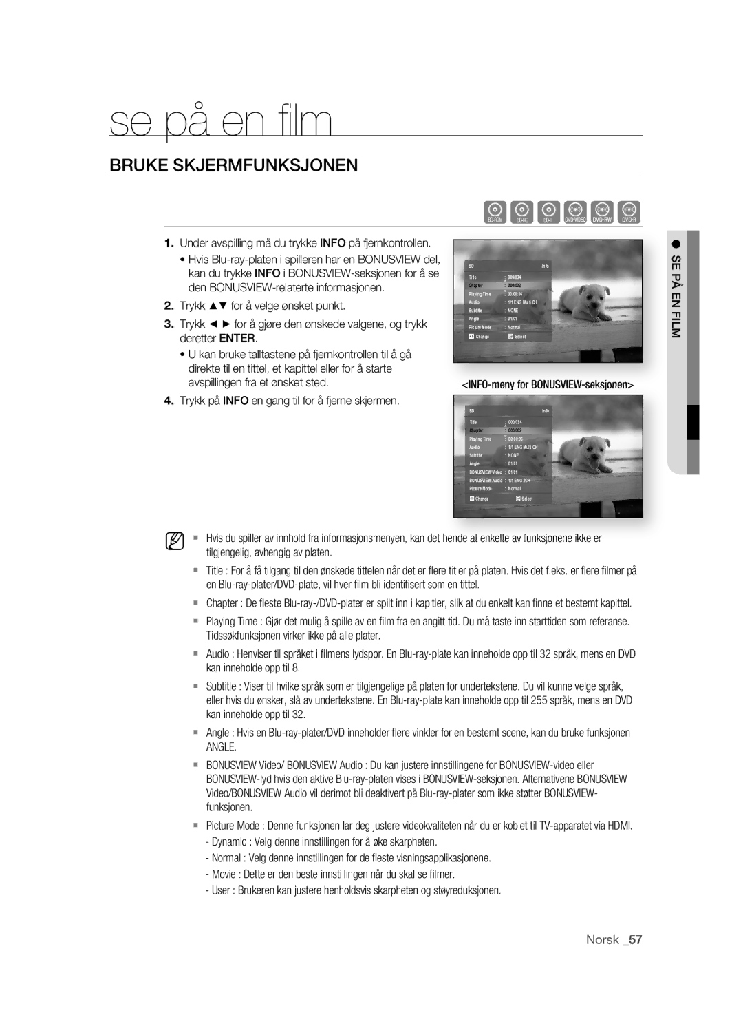 Samsung BD-P1580/XEE manual Se på en ﬁ lm, Bruke SKjERMFUNKSjONEN, Angle 