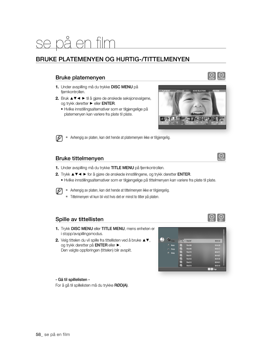 Samsung BD-P1580/XEE manual Bruke Platemenyen OG hURTIG-/TITTELMENYEN, Bruke platemenyen, Bruke tittelmenyen 