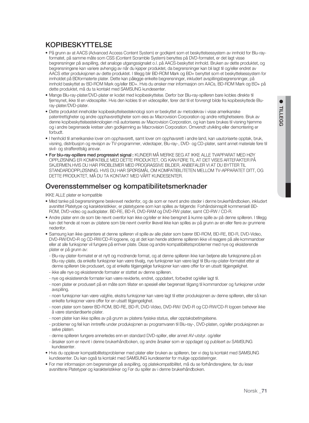 Samsung BD-P1580/XEE manual Kopibeskyttelse, Overensstemmelser og kompatibilitetsmerknader 