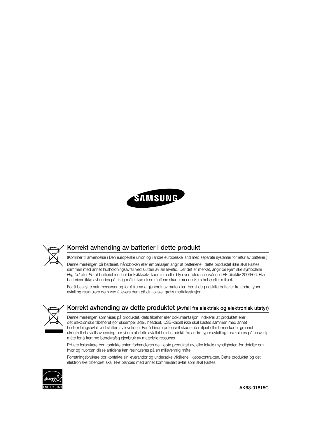 Samsung BD-P1580/XEE manual Korrekt avhending av batterier i dette produkt 