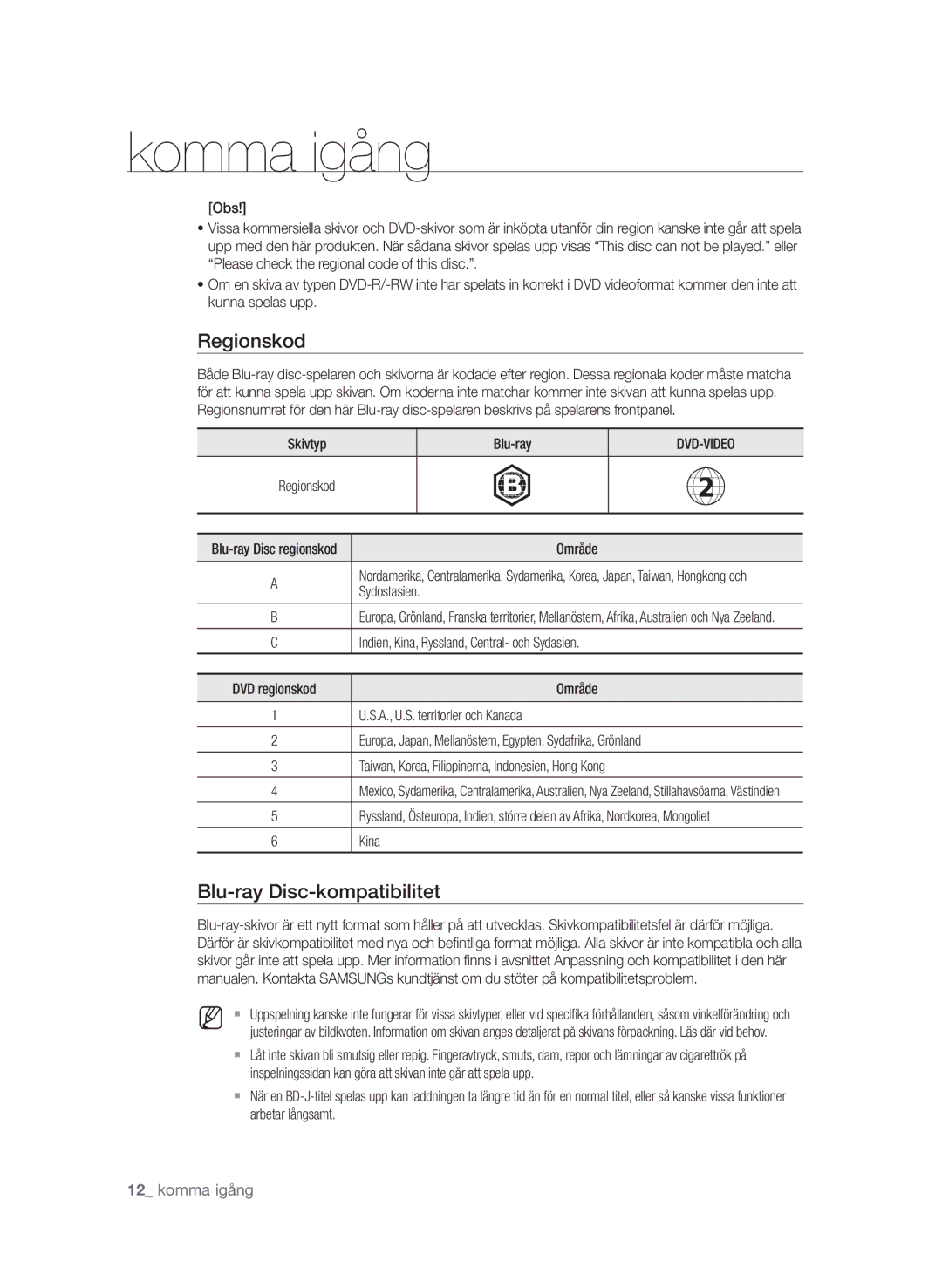 Samsung BD-P1580/XEE manual Regionskod, Blu-ray Disc-kompatibilitet 