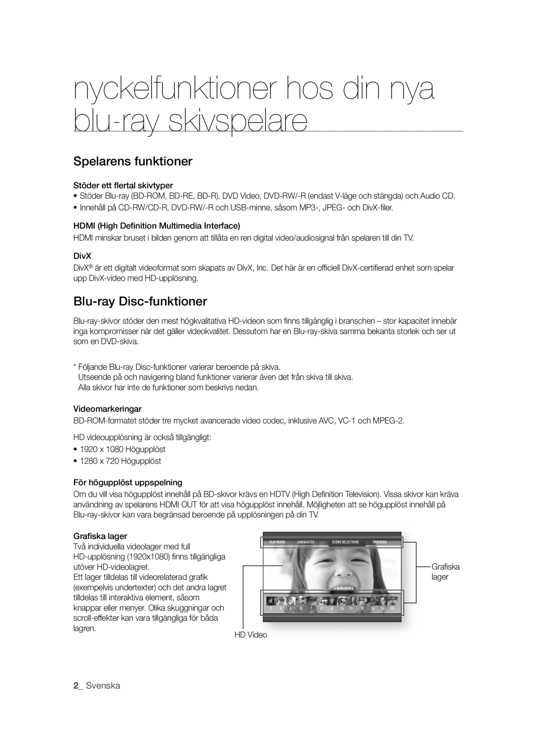 Samsung BD-P1580/XEE manual Nyckelfunktioner hos din nya blu-ray skivspelare, Spelarens funktioner, Blu-ray disc-funktioner 