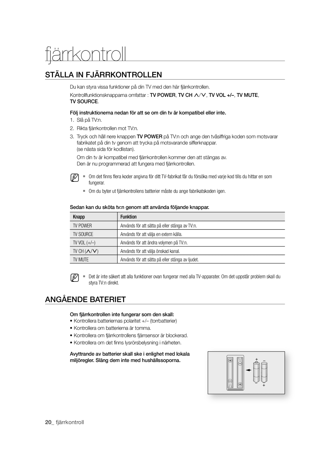 Samsung BD-P1580/XEE manual STÄLLa in FjÄrrKOnTrOLLEn, AngåEndE BaTEriET, TV Power, TV Source, TV Mute 