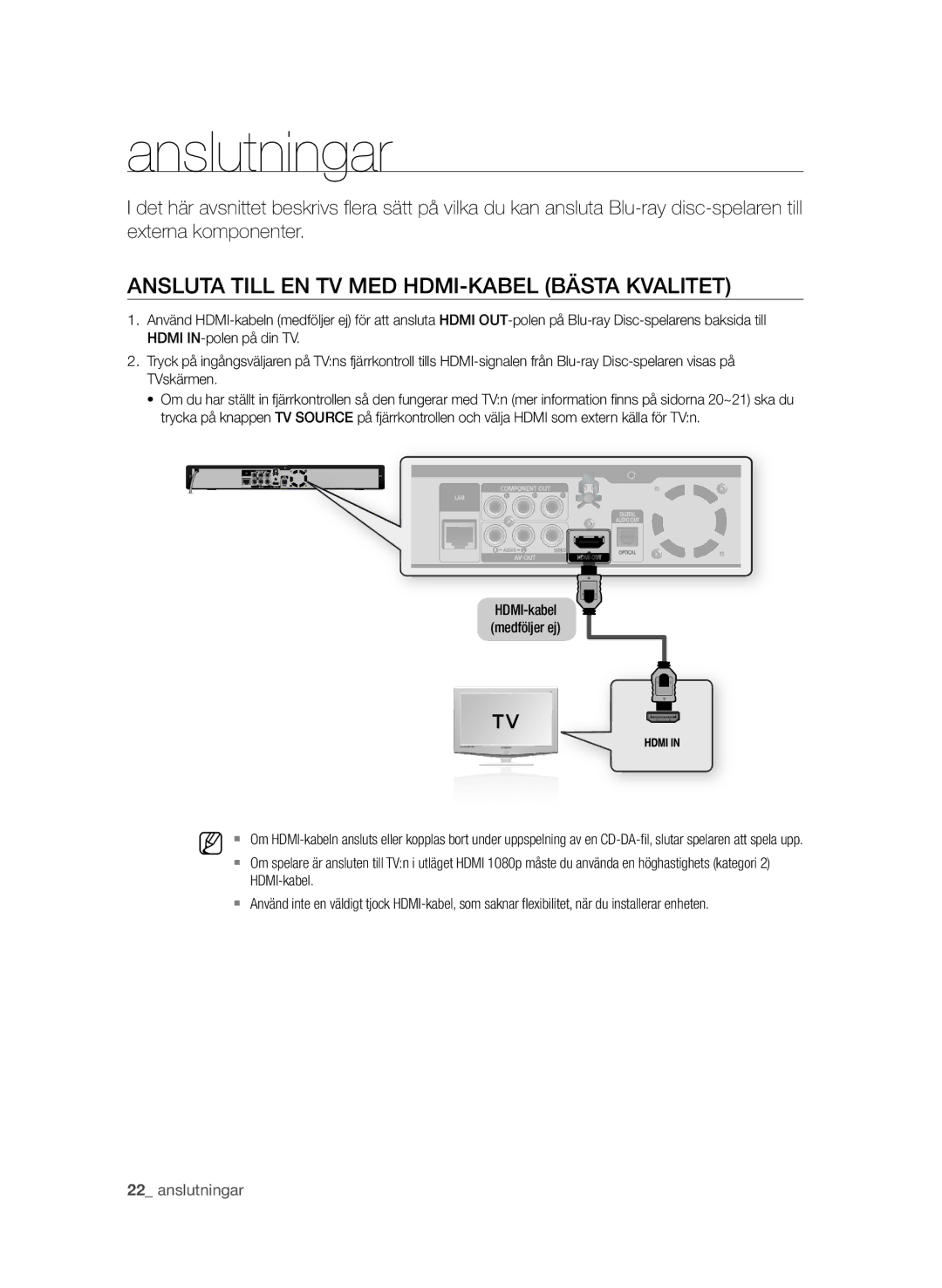 Samsung BD-P1580/XEE manual Anslutningar, Ansluta tiLl en TV med HDMI-kabel Bästa Kvalitet 