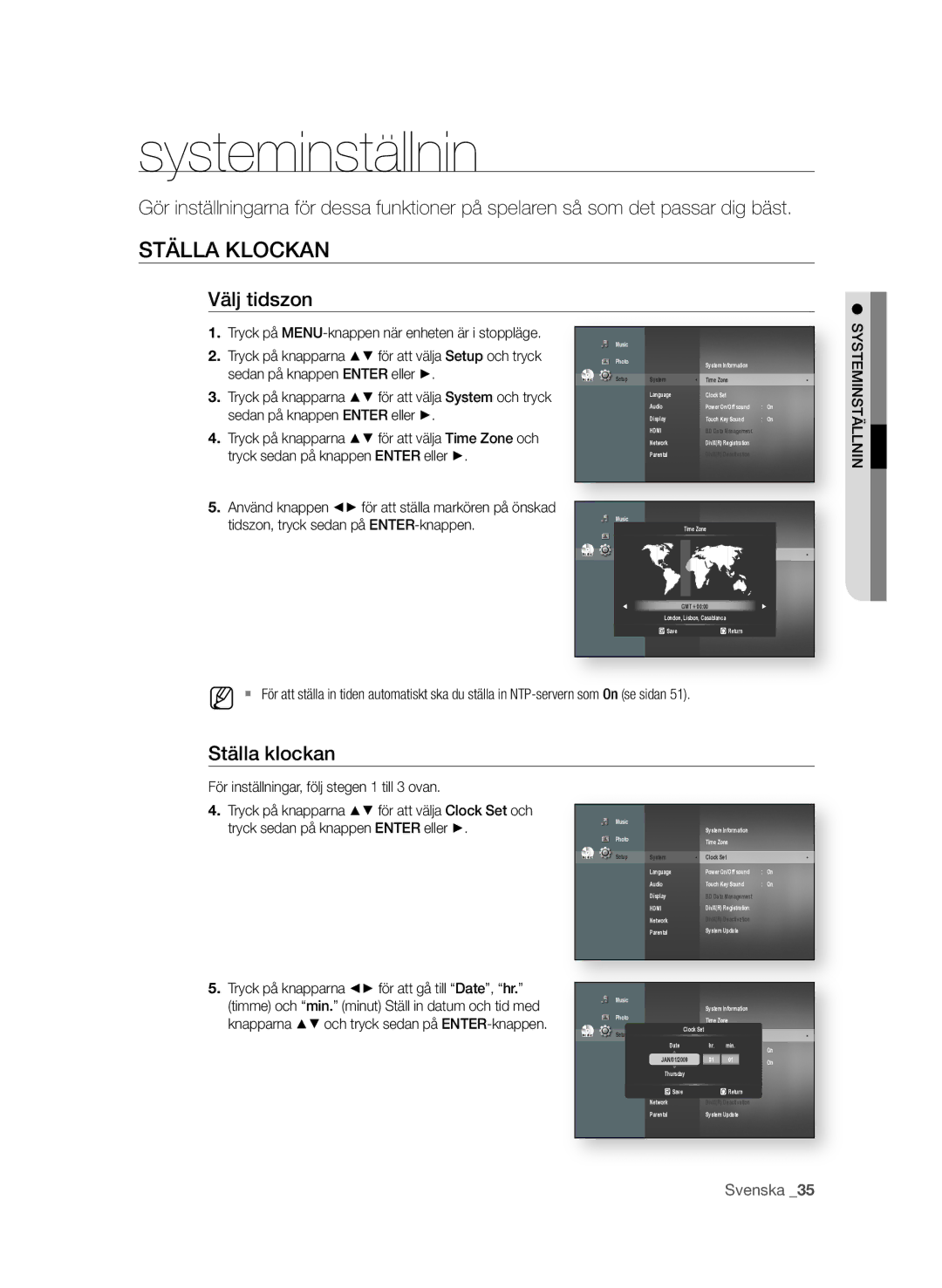 Samsung BD-P1580/XEE manual Systeminställnin, STÄLLa KLOcKan, Välj tidszon, Ställa klockan 