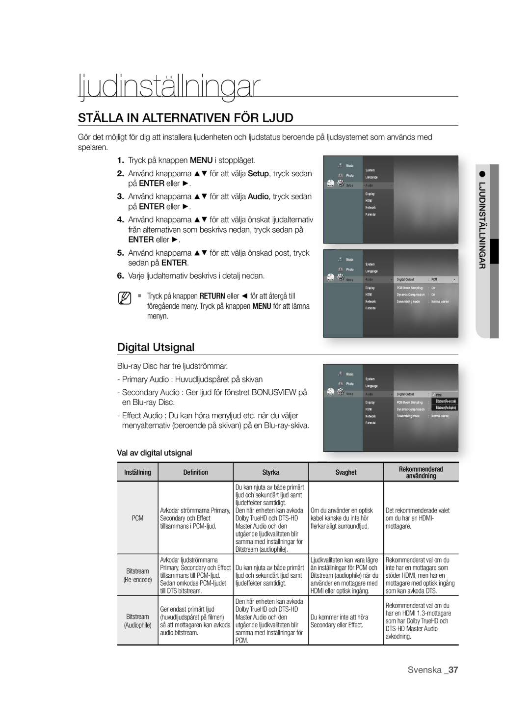 Samsung BD-P1580/XEE manual Ljudinställningar, STÄLLa in aLTErnaTiVEn FÖr LjUd, Digital Utsignal 