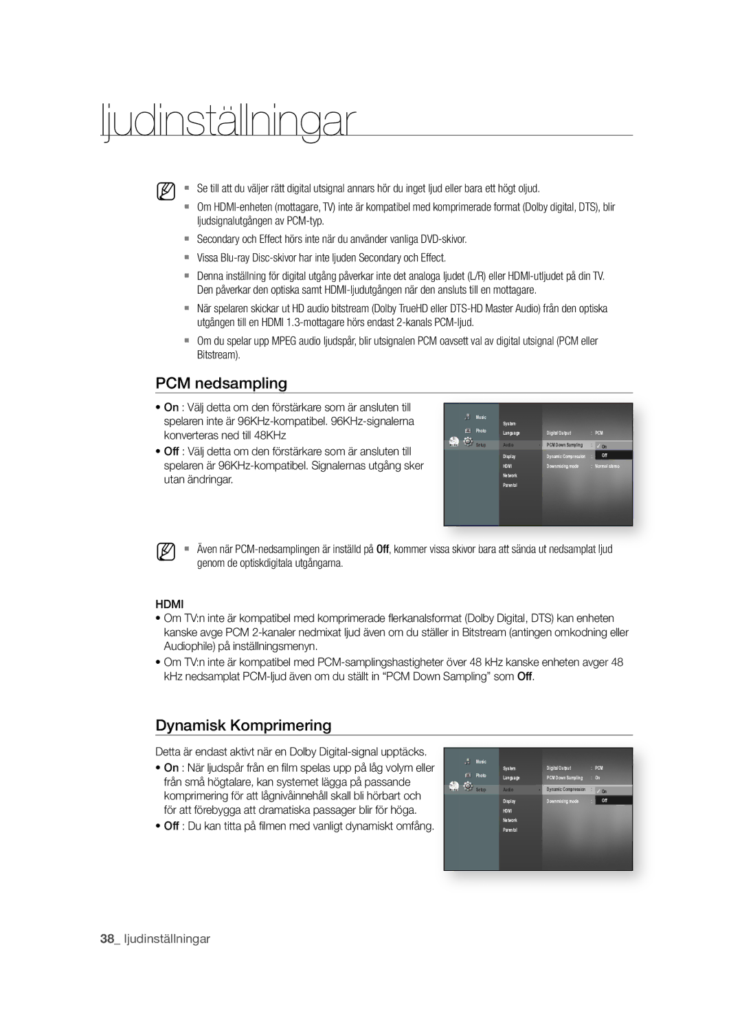 Samsung BD-P1580/XEE PcM nedsampling, Dynamisk Komprimering, Detta är endast aktivt när en Dolby Digital-signal upptäcks 