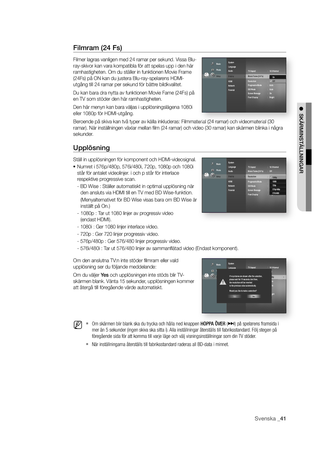 Samsung BD-P1580/XEE manual Filmram 24 Fs, Upplösning 