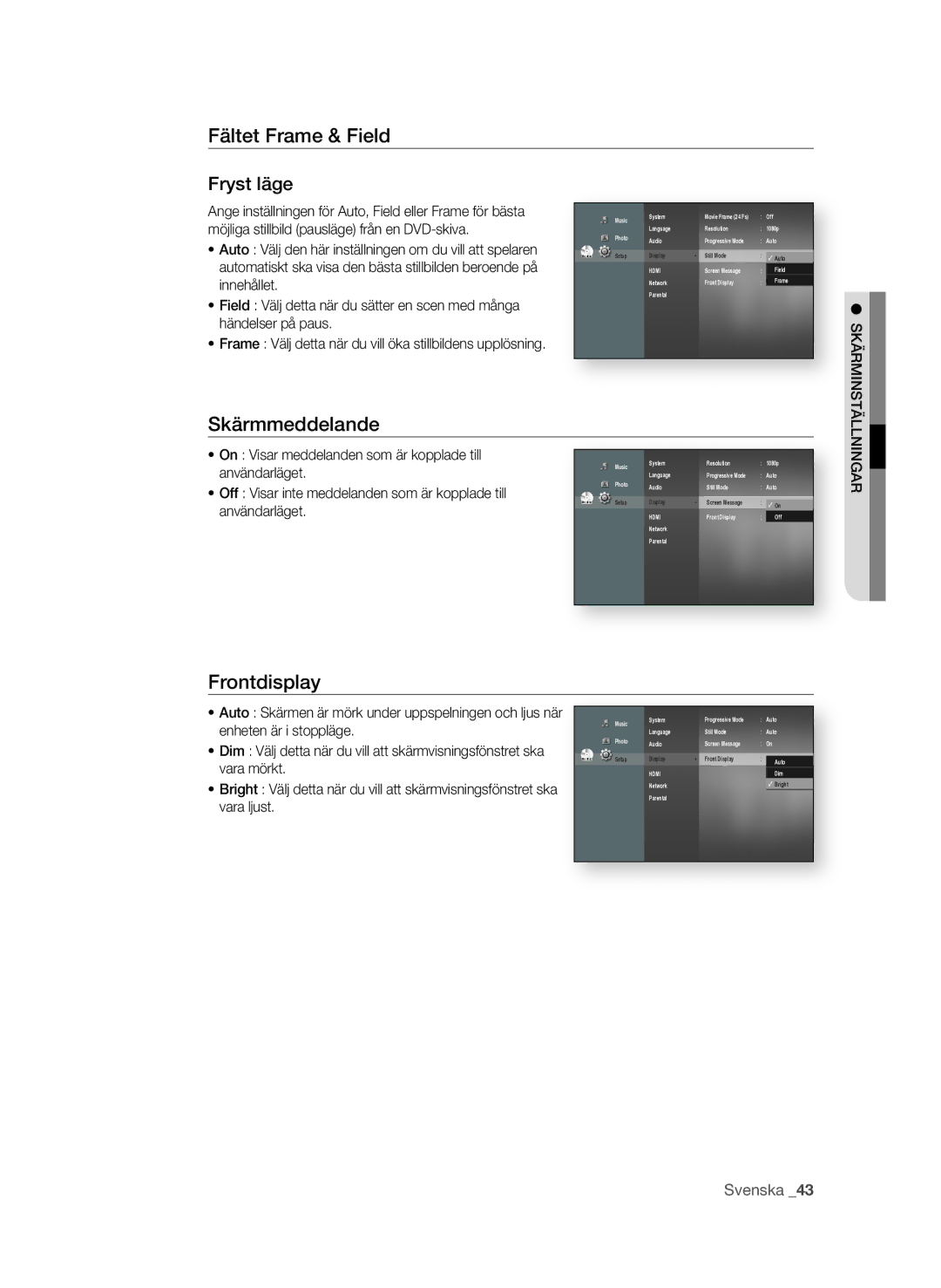 Samsung BD-P1580/XEE manual Fältet Frame & Field Fryst läge, Skärmmeddelande, Frontdisplay 