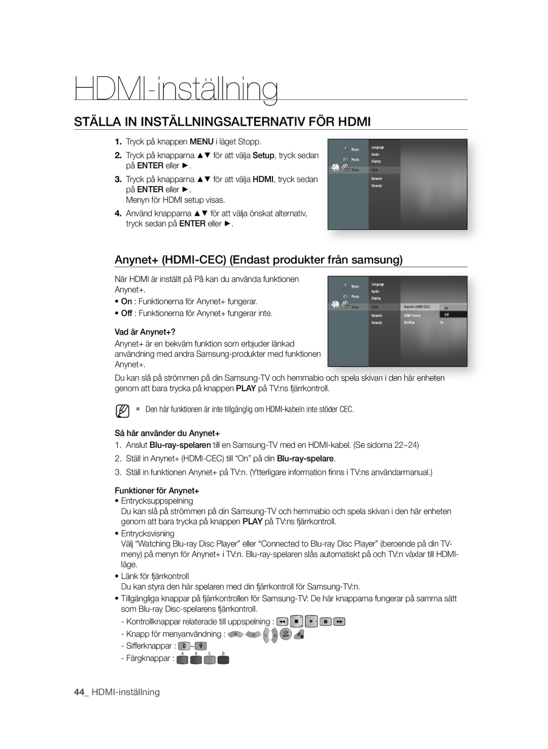 Samsung BD-P1580/XEE manual HDMI-inställning, STÄLLa in inSTÄLLningSaLTErnaTiV FÖr hdMi 