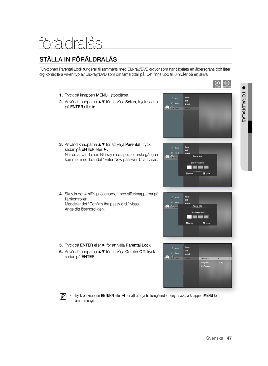 Samsung BD-P1580/XEE manual Föräldralås, STÄLLa in FÖrÄLdraLåS, Tryck på knappen MEnU i stoppläget, Sedan på EnTEr 