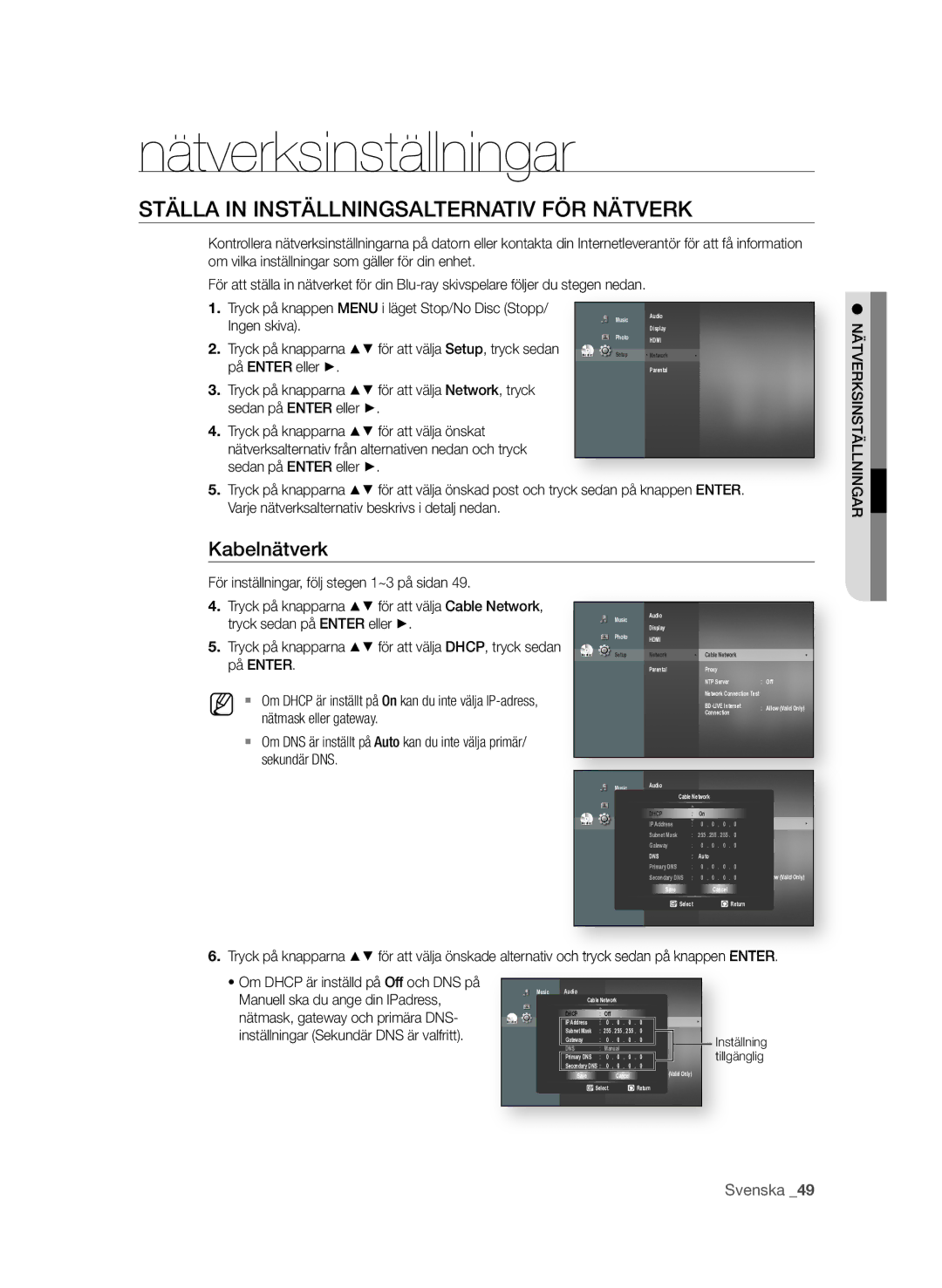 Samsung BD-P1580/XEE manual Nätverksinställningar, STÄLLa in inSTÄLLningSaLTErnaTiV FÖr nÄTVErK, Kabelnätverk 