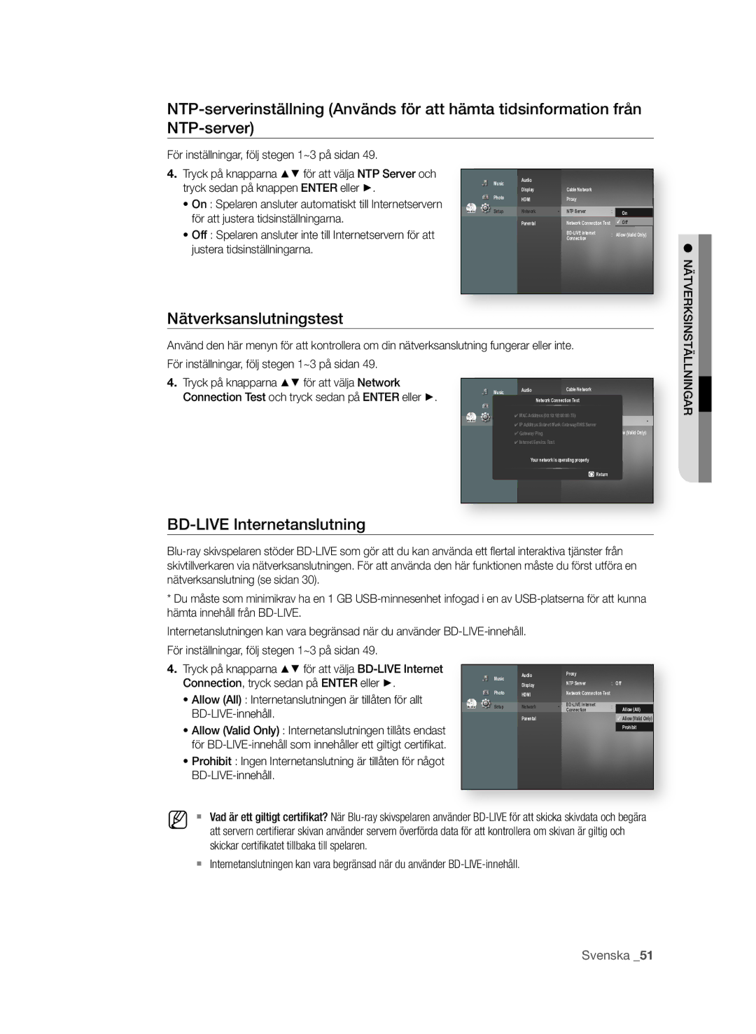 Samsung BD-P1580/XEE manual Nätverksanslutningstest, Bd-LiVE internetanslutning 