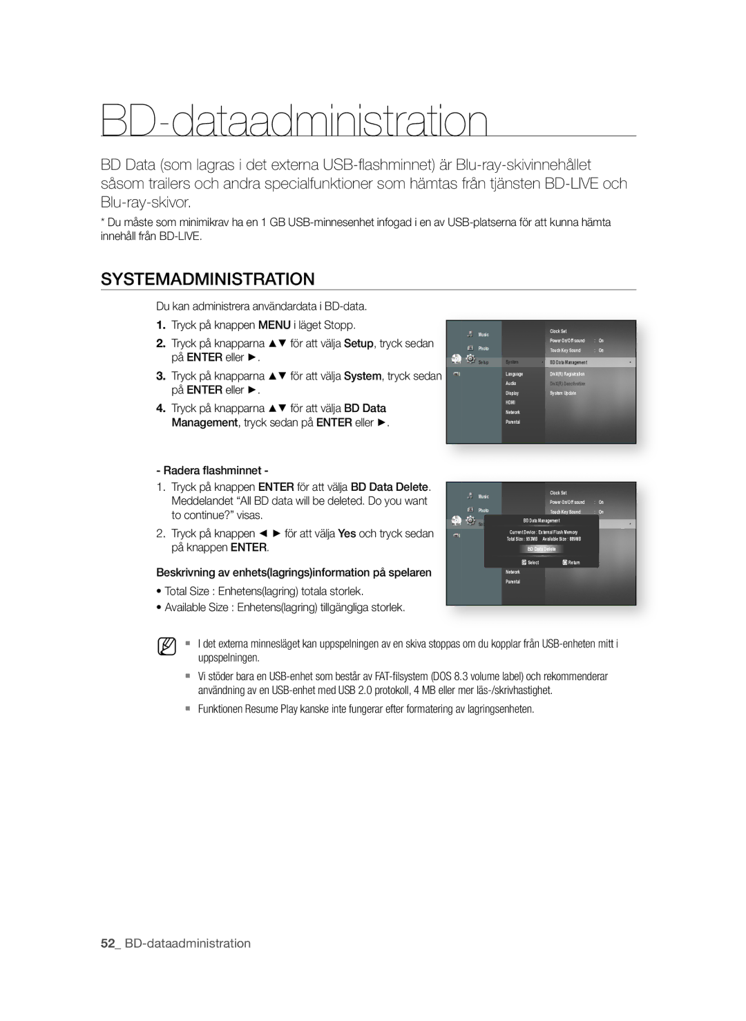 Samsung BD-P1580/XEE BD-dataadministration, SySTEMadMiniSTraTiOn, Total Size Enhetenslagring totala storlek, Uppspelningen 