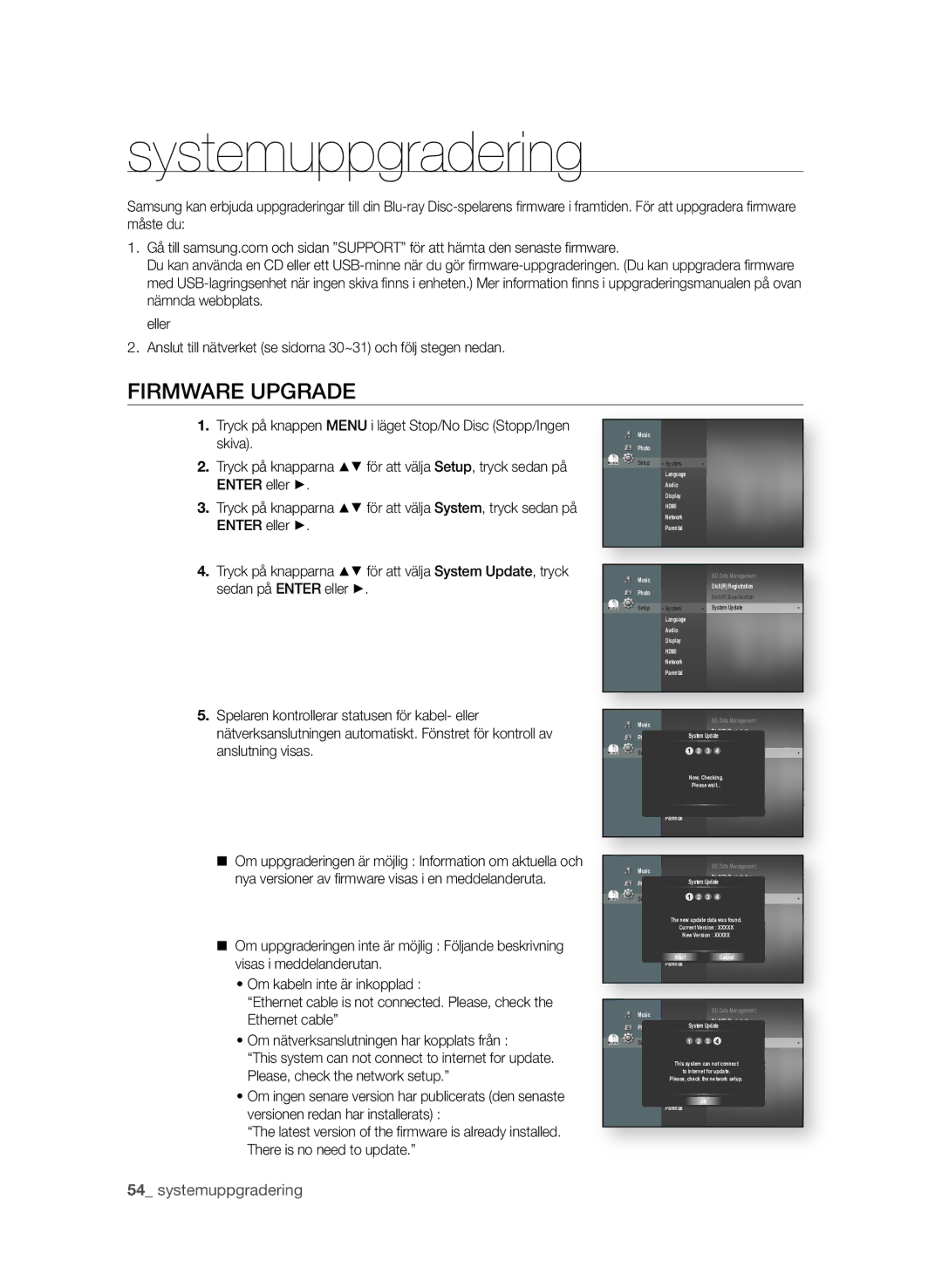 Samsung BD-P1580/XEE manual Systemuppgradering, FirMWarE UPgradE 