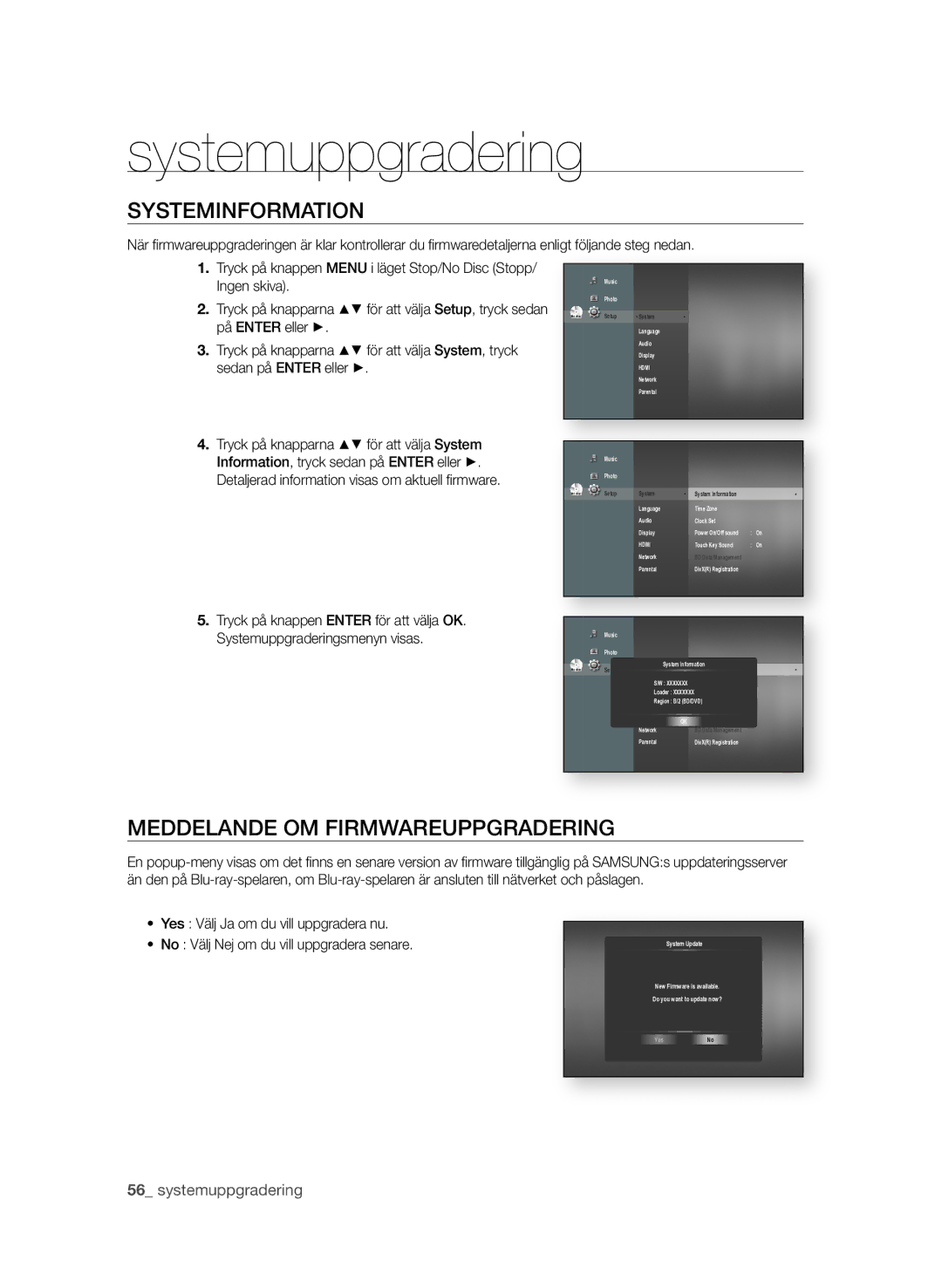 Samsung BD-P1580/XEE manual SySTEMinFOrMaTiOn, MEddELandE OM FirMWarEUPPgradEring 